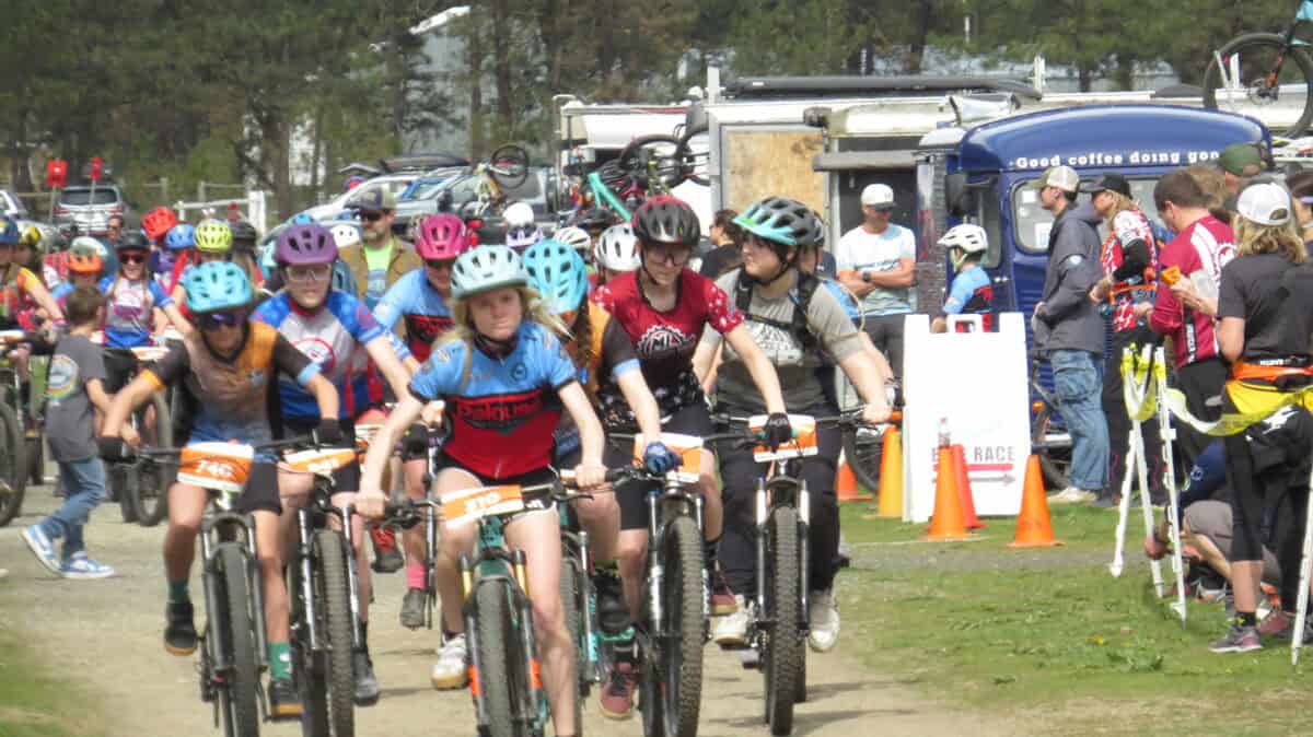 Pack of cyclists at start of race